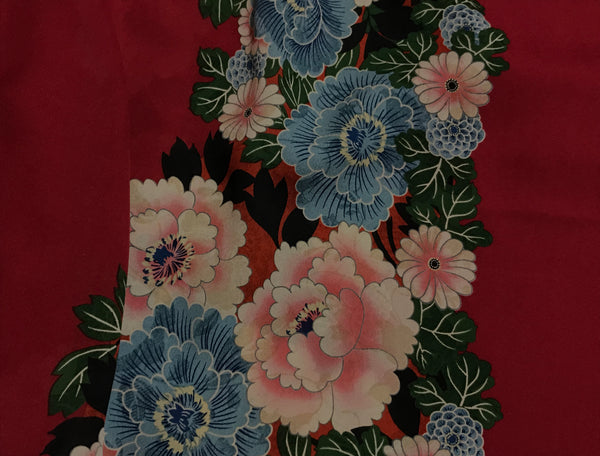 Multi Color Floral Border on Dark Red- Silk Crepe de Chine - 16 MM Weight - 111 cm Width x 115 cm Length.