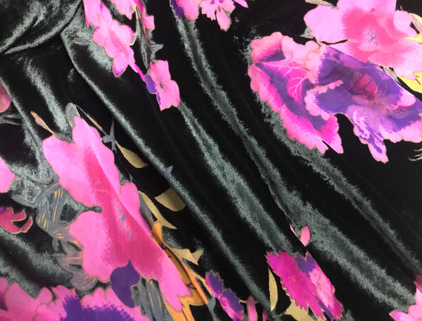 Shades of Pink/Green/gold Floral on Rose Background - Italian Burnt-Out Silk Velvet - 116 cm Wide.