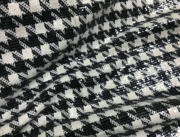 Black and White -  Wool Sequined Houndstooth Pattern - French Tweed - 147 cm Wide