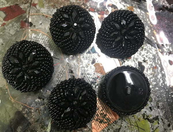 Black on Black  Hand-Made - Glass Beads Embroidered Buttons - 38 MM Width.