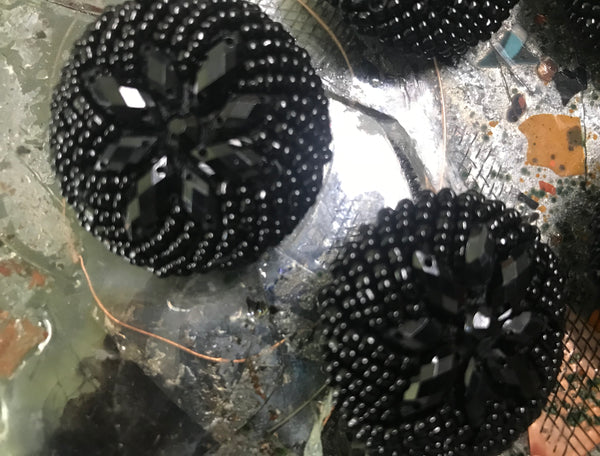 Black on Black  Hand-Made - Glass Beads Embroidered Buttons - 38 MM Width.