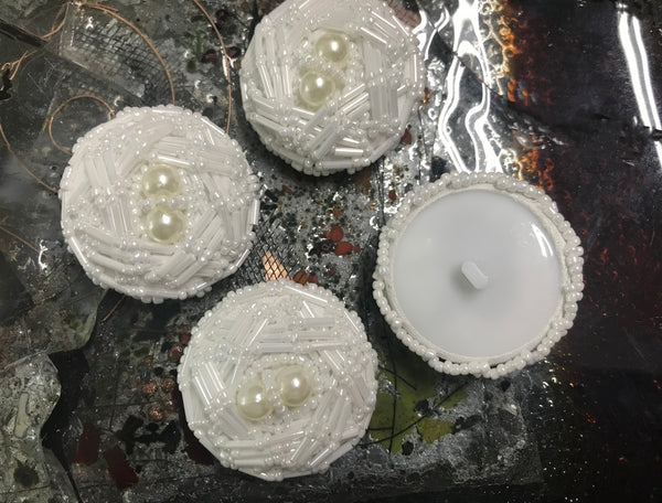 White Hand-Made - Glass Beads and Pearls Buttons - 50 MM Width.