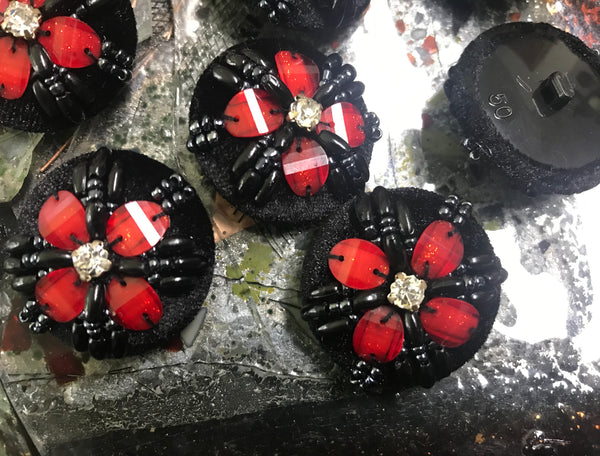Black Velvet Hand-Made - With Red/Black Beads and Crystal - Embroidered Button - 34 MM  Width.