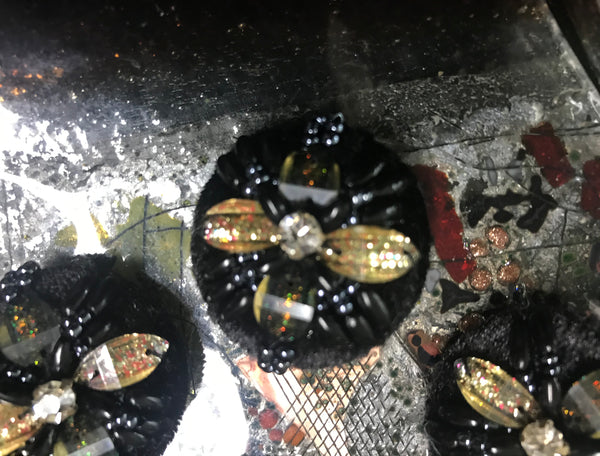 Black Velvet Hand-Made - With Gold/Black Beads and Crystal - Embroidered Button - 34 MM  Width.