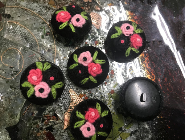Black Velvet Hand-Made - Embroidered Button - 34 MM  Width.