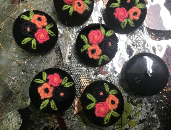 Black Velvet w/Orange/Rose Roses - Handmade - Embroidered Button - 34 MM  Width.