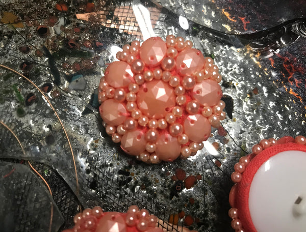 Peach Powder on Orange Background Hand-Made - Pearlized Beads -  Embroidered Buttons - 38 MM Width.