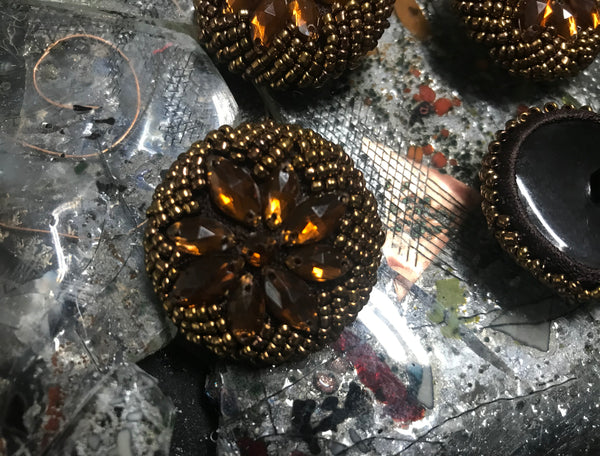 Antique Gold on Black  Hand-Made - Glass Beads Embroidered Buttons - 38 MM Width.