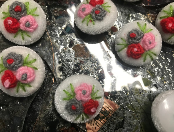 Red/Pink/Blue Grey Embroidery on White Velvet - Handmade - Embroidered Button - 28 MM  Width.