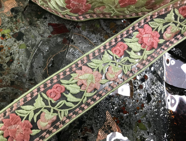 Coral Powder/Green- Embroidered Italian Organza Lace -In Two Styles.