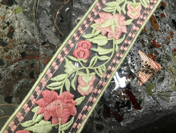Coral Powder/Green- Embroidered Italian Organza Lace -In Two Styles.