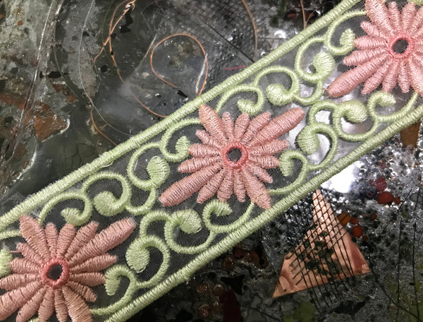 Coral Powder/Green- Embroidered Italian Organza Lace -In Two Styles.