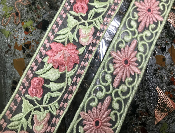 Coral Powder/Green- Embroidered Italian Organza Lace -In Two Styles.