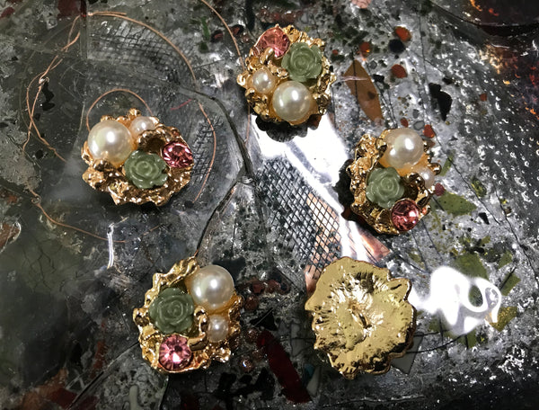 Rose/Black/Green/Yellow Roses, Crystal and Pearls - Handmade Italian Buttons -  26 mm across.