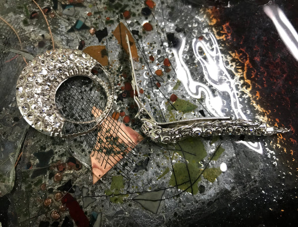 White Glass Crystals and Silver Alloy - Fastener/Buckle- 7.5 cm Length.