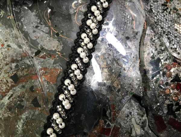Glass Beds and Pearls on Black  -  Beaded Trim - 1/2" Wide.