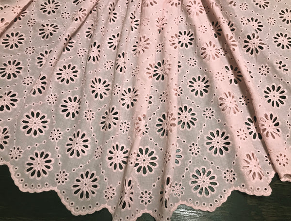 Pink All Over Small Daisy Pattern Embroidery - Scalloped on Both Sides - Broderie Anglaise on Swiss Cotton Voile - 130 cm Wide.
