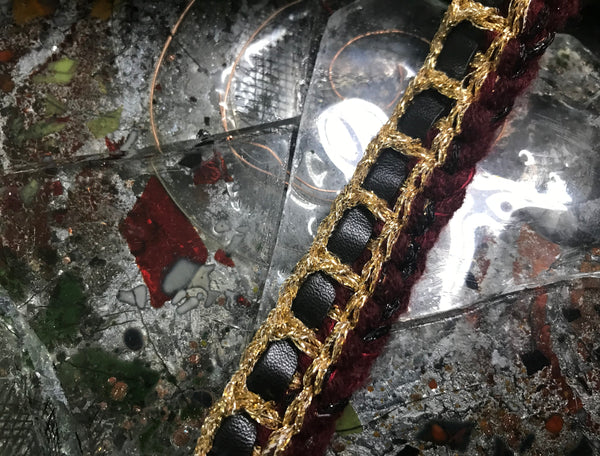 Maroon/Black/Gold - Hand Made French Braided Trim - 2 cm Wide.