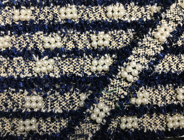 Shades of Navy/Off White  Gold Stitching and Pearls Studs and Pearls -  French Trim - 3 cm Wide.