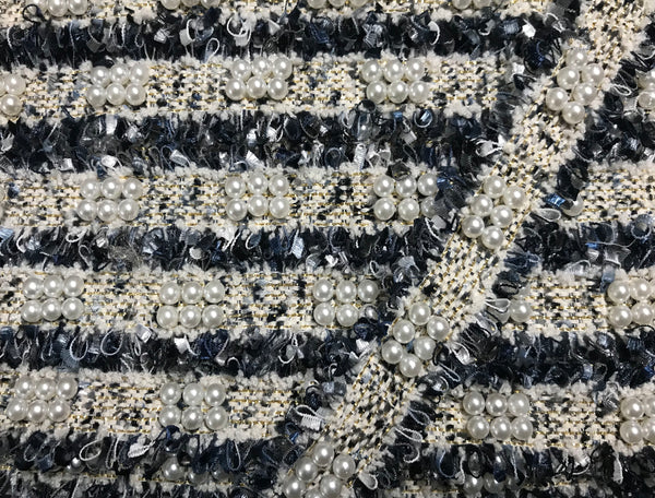 Shades of Navy/Blue/Off White  Gold Stitching and Pearls Studs and Pearls -  French Trim - 3 cm Wide.