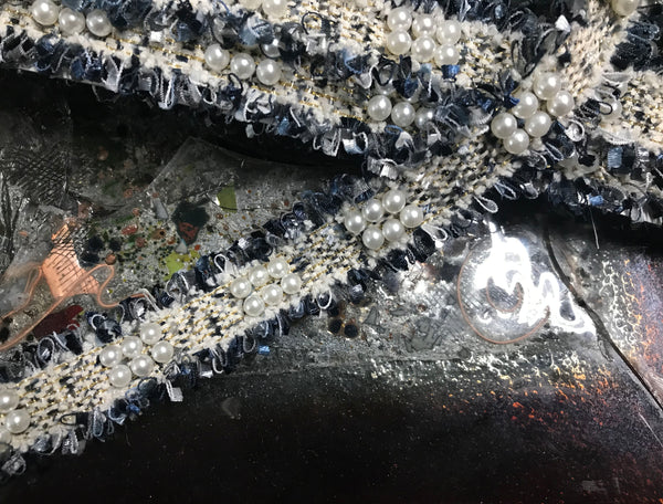 Shades of Navy/Blue/Off White  Gold Stitching and Pearls Studs and Pearls -  French Trim - 3 cm Wide.