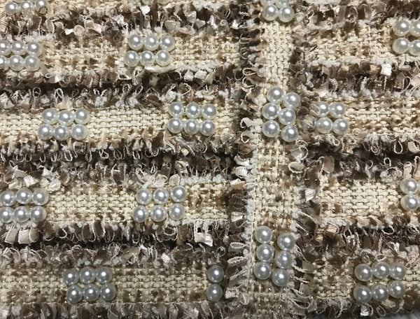 Shades Beige/Tan w/Gold Stitching  and Pearl Studs - Handmade French Braided Trim - 3 cm Wide.