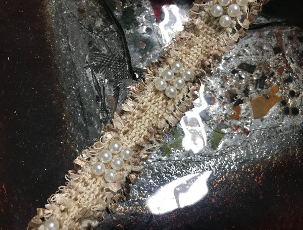 Shades Beige/Tan w/Gold Stitching  and Pearl Studs - Handmade French Braided Trim - 3 cm Wide.