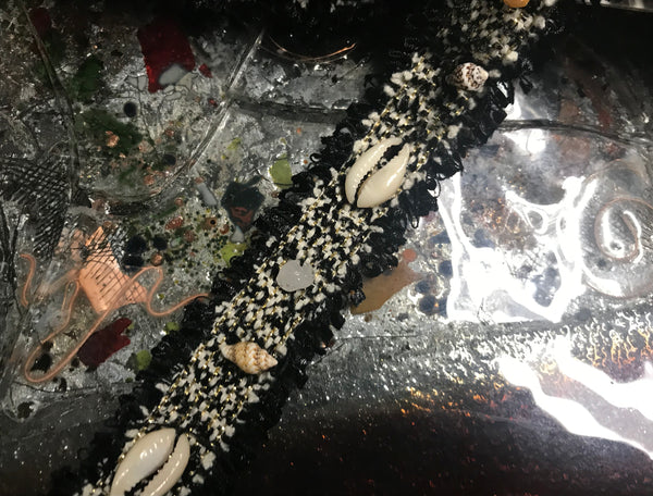 Sea Shells on Black/White/Gold Background -  French Handmade Trim - 3 cm Wide.