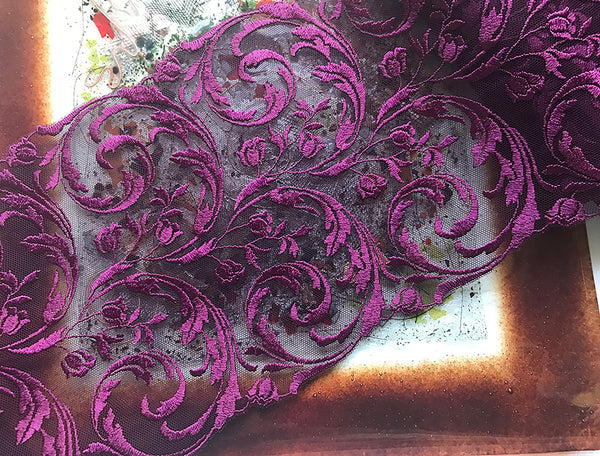 Eggplant  Purple - Double Border Soft Tulle Italian Lace - 17cm  Wide.