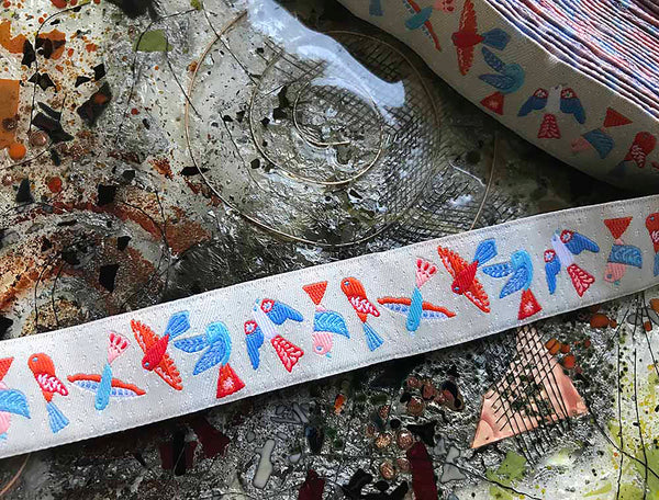 Multi Color Birds on Off White Background - Embroidered Jacquard Ribbon - 1.5" Wide.