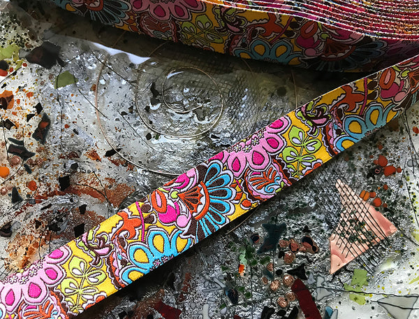 Multi Color Floral on Yellow Background - Jacquard Ribbon - 2 sizes Available.
