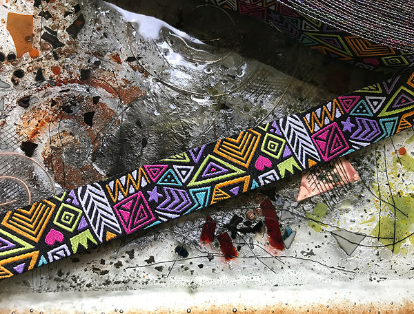 Multi Color Geometric Pattern on Black Background - Embroidered Jacquard Ribbon - 2 Sizes Available.