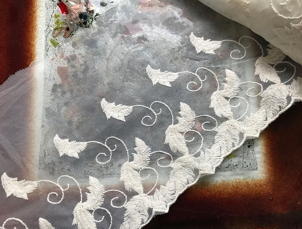 Ivory Cotton Embroidery on Ivory Soft Tulle Background - Italian  Lace - 19cm  Wide.