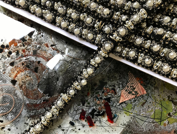 Pearl and Glass Beads w/Gold Thread on Black - Hand Maid Trim - 1 cm Wide.