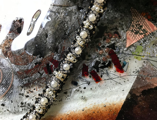 Pearl and Glass Beads w/Gold Thread on Black - Hand Maid Trim - 1 cm Wide.