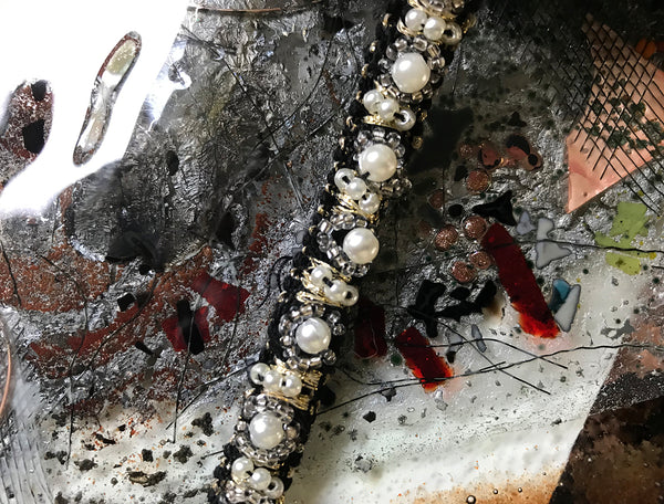 Pearl and Glass Beads w/Gold Thread on Black - Hand Maid Trim - 1 cm Wide.