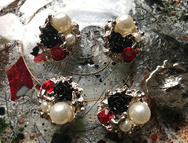 Rose/Black/Green/Yellow Roses, Crystal and Pearls - Handmade Italian Buttons -  26 mm across.