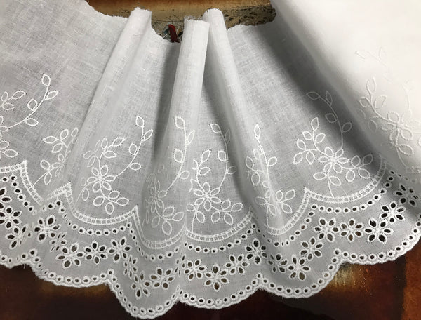 Natural White Floral embroidery  - Broderie Anglaise  Lace  on Natural Natural White Cotton Voile - 18 cm Wide.