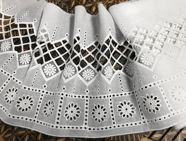 Natural White Embroidery w/Open Work Lace -  Broderie Anglaise -  Swiss Cotton Voile - 24 cm Wide.