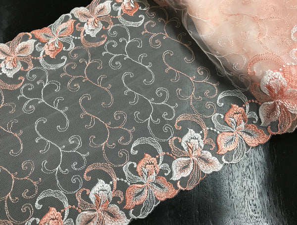 Salmon and White on Salmon Powder  Background- Double Border Embroidered Lace, 25.5  cm Wide, Imported.