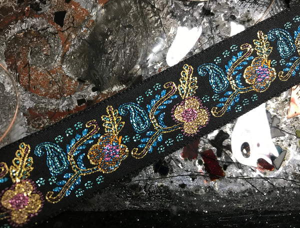 Multi Color Floral Metallic on  Black Background - Embroidered Jacquard Ribbon - 2.5 cm Wide.