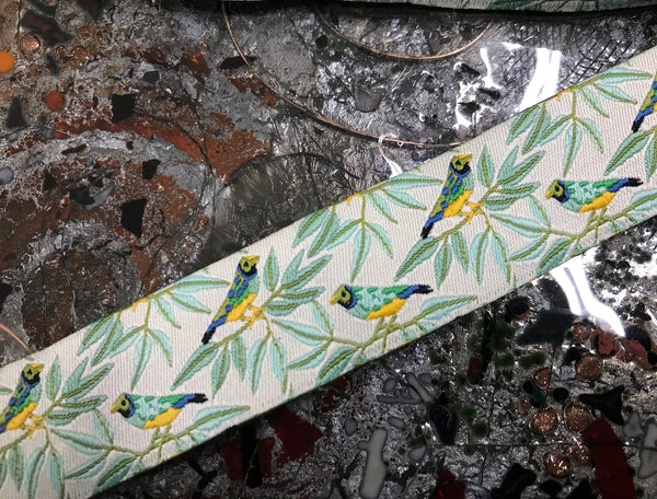 Birds on Vine w/Off White Background - Embroidered Jacquard Ribbon - 2 sizes available.