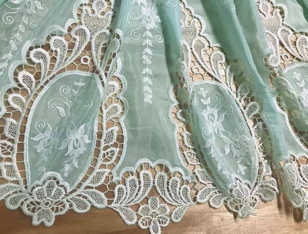 White Embroidery on Seafoam Silk/Cotton Background - Double Border - Broderie Anglaise - 118 cm Wide.