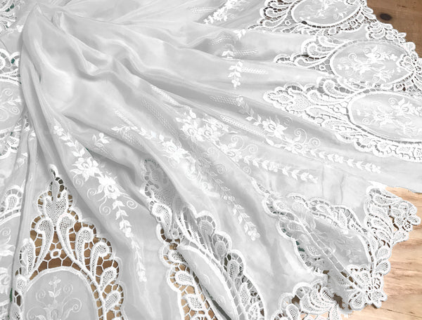 White Silk/Cotton Embroidered on White Background Double Border -  Broderie Anglaise - 118 cm Wide.