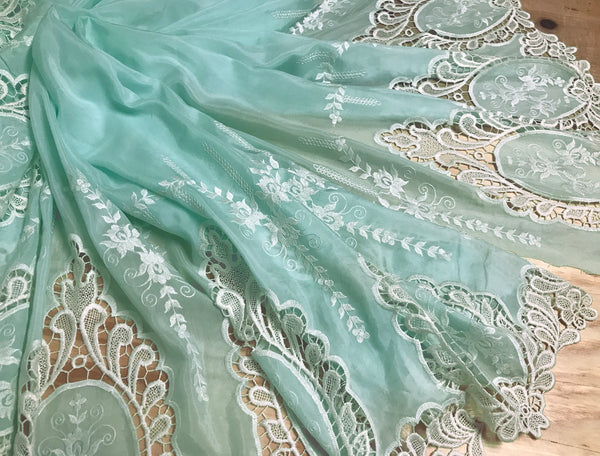 White Embroidery on Seafoam Silk/Cotton Background - Double Border - Broderie Anglaise - 118 cm Wide.