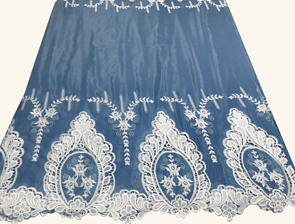 White Embroidery  on Sky Blue Silk/Cotton Background - Double Border -  Broderie Anglaise - 118 cm Wide.