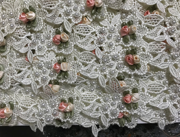 Off White Lace w/Satin Roses and Pearls Appliques - Italian Lace - 6.5 cm Wide.