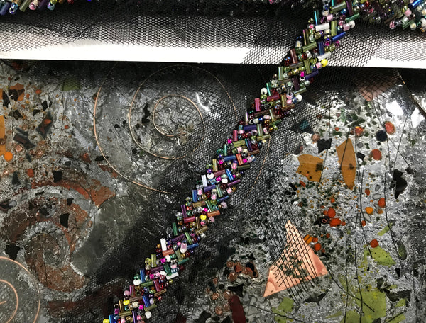 Glass Beads and Pearls Over Black Tulle - In Herringbone Pattern -  Beaded Trim - 1.3 CM  Wide.