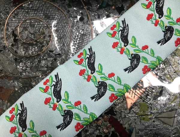 Birds on Vine w/Light Blue Background - Embroidered Jacquard Ribbon - 1.5" Wide.