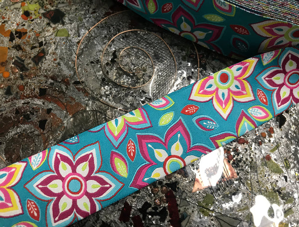 Multi Color Floral on Turquoise Background - Embroidered Jacquard Ribbon - 2 sizes available.